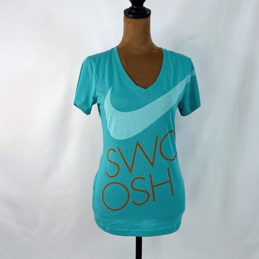Nike Dri-FIT Graphic T-Shirt Women Small Teal Excellent V-Neck Short Sleeve Tee